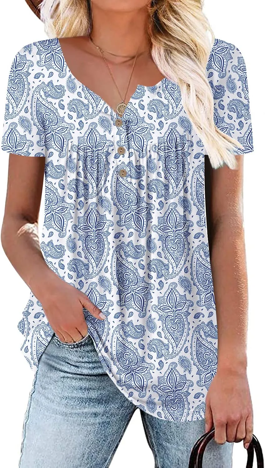 Mystry Zone Womens Henley V Neck Casual Blouse Button Down T Shirts Flare and Flowy Tops