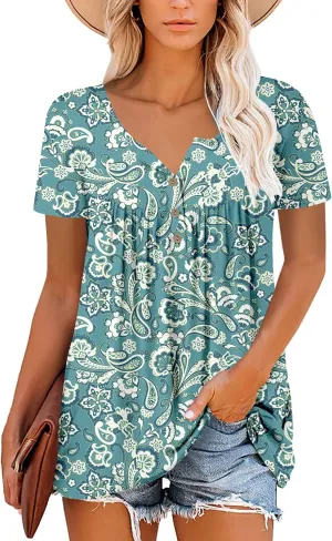 Mystry Zone Womens Henley V Neck Casual Blouse Button Down T Shirts Flare and Flowy Tops