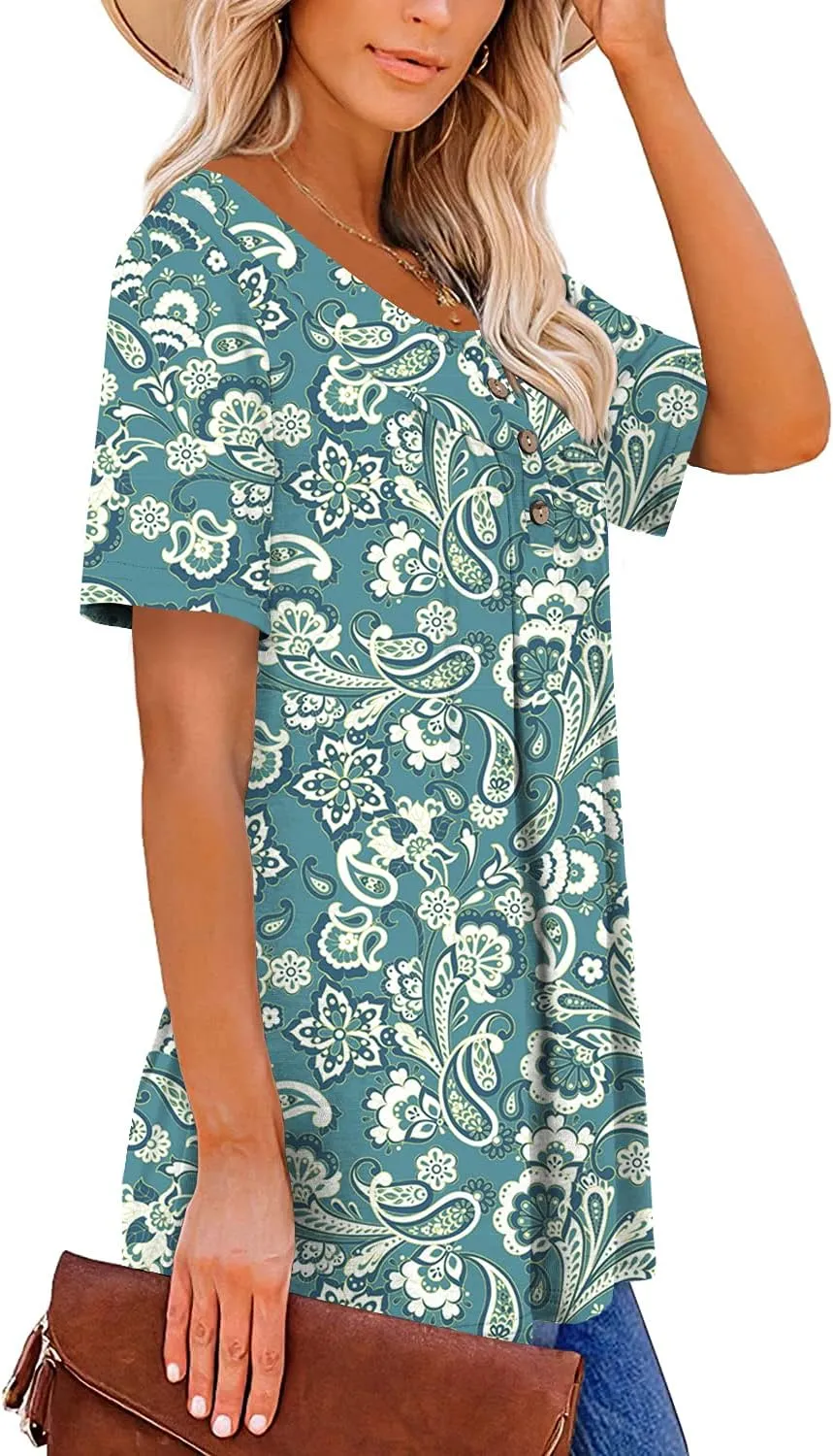 Mystry Zone Womens Henley V Neck Casual Blouse Button Down T Shirts Flare and Flowy Tops