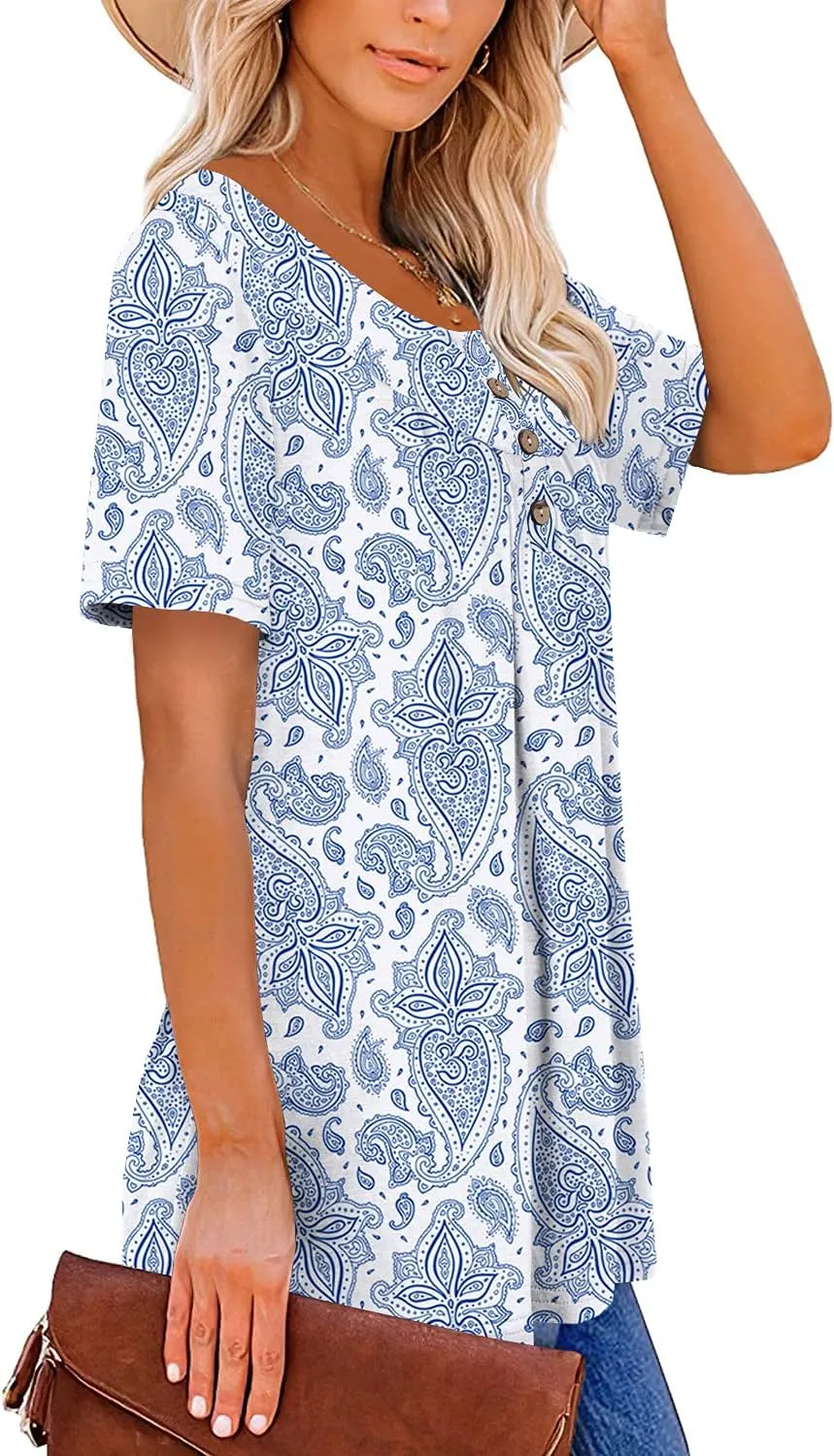 Mystry Zone Womens Henley V Neck Casual Blouse Button Down T Shirts Flare and Flowy Tops
