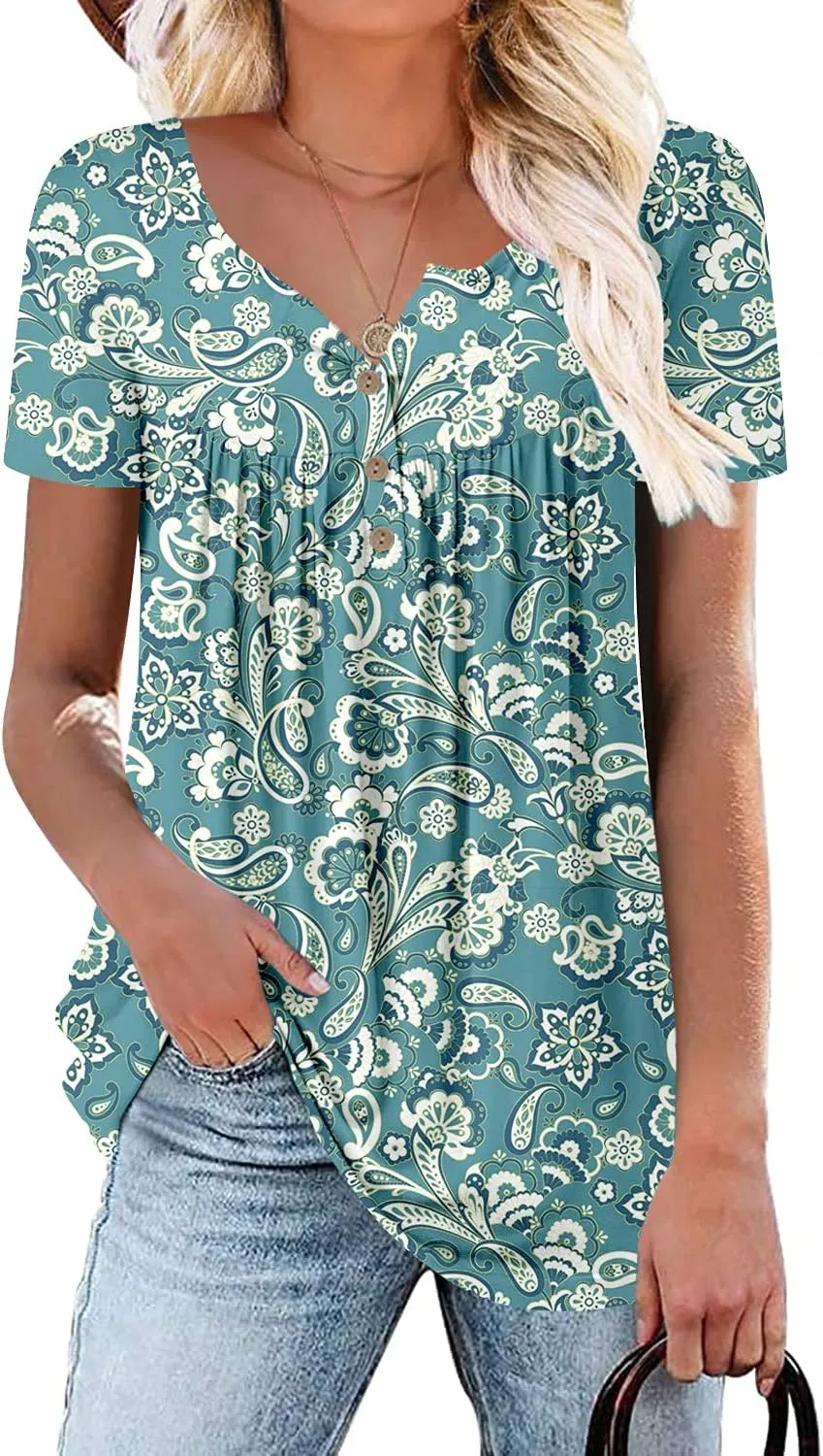 Mystry Zone Womens Henley V Neck Casual Blouse Button Down T Shirts Flare and Flowy Tops