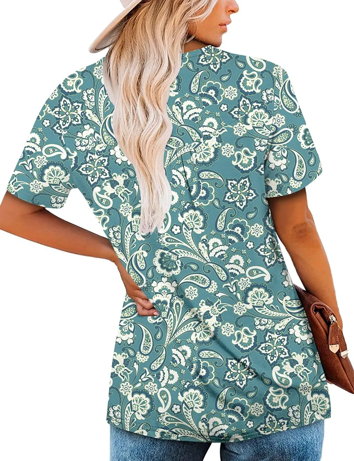 Mystry Zone Womens Henley V Neck Casual Blouse Button Down T Shirts Flare and Flowy Tops