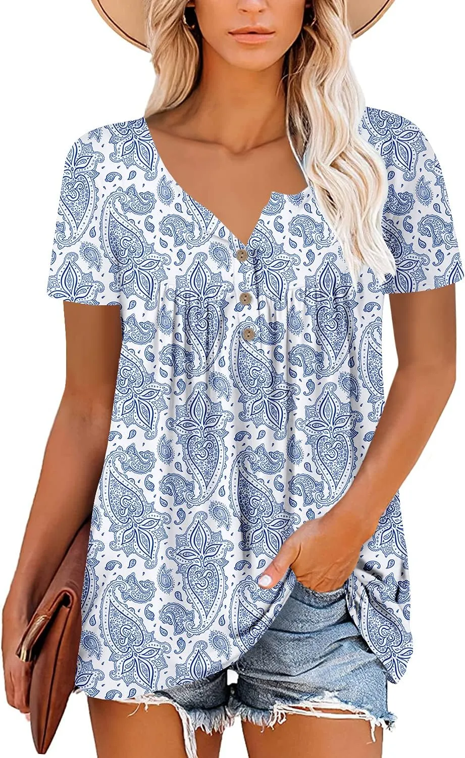 Mystry Zone Womens Henley V Neck Casual Blouse Button Down T Shirts Flare and Flowy Tops