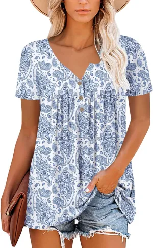 Mystry Zone Womens Henley V Neck Casual Blouse Button Down T Shirts Flare and Flowy Tops