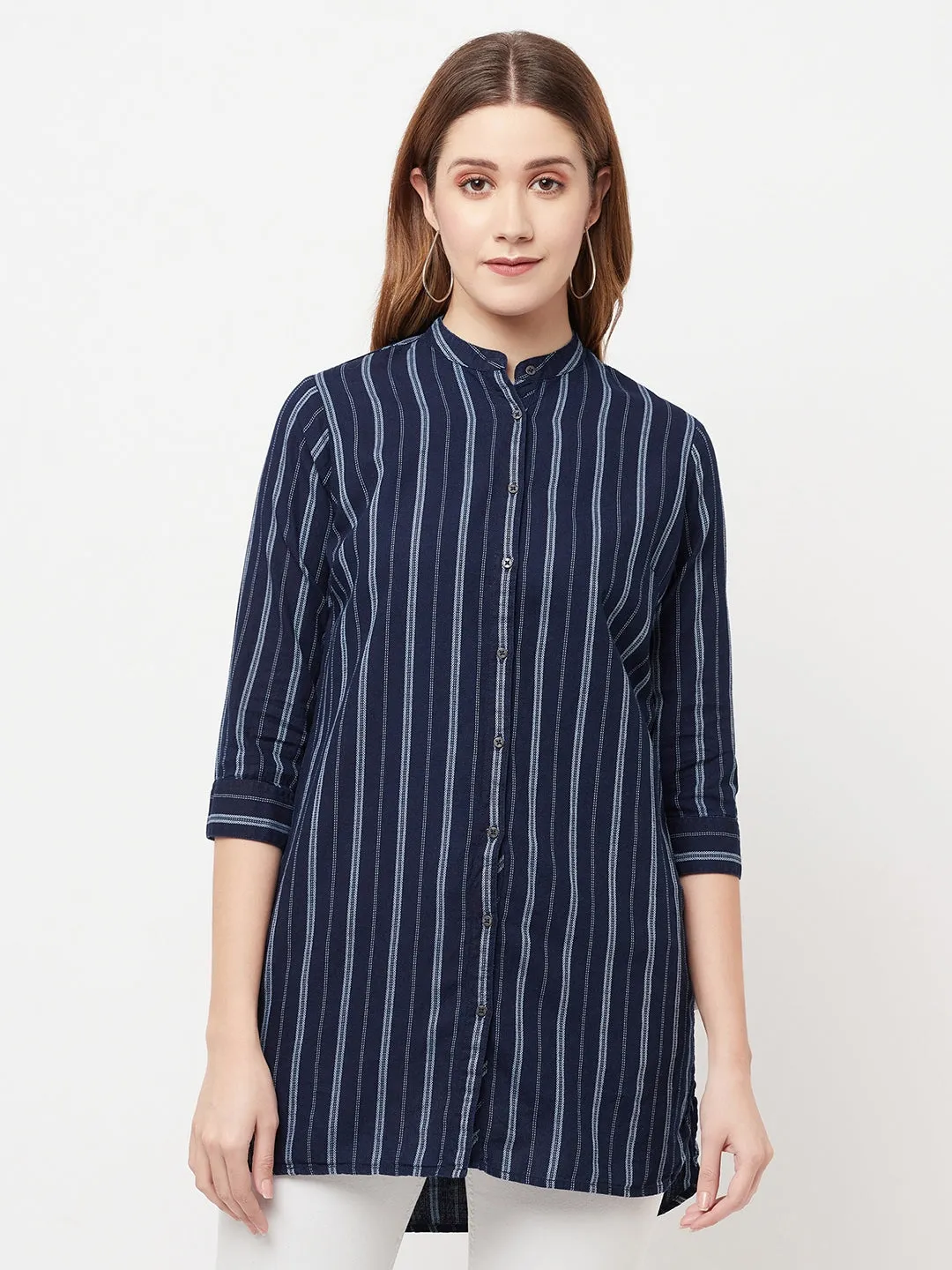 Navy Blue Striped Longline Shirt