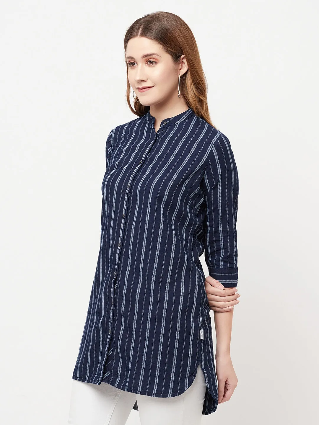 Navy Blue Striped Longline Shirt