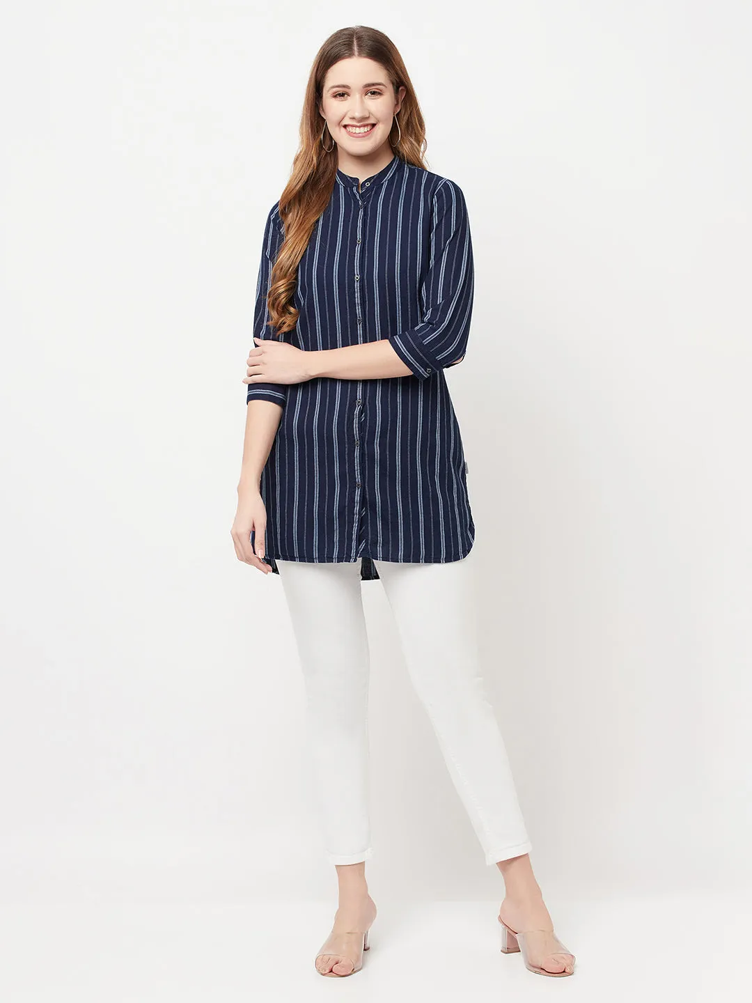 Navy Blue Striped Longline Shirt
