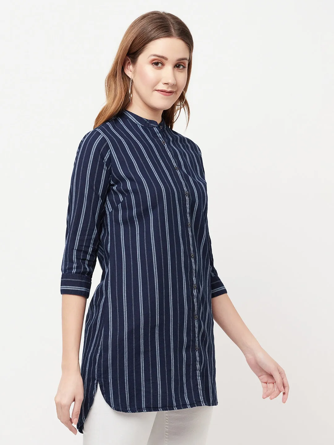 Navy Blue Striped Longline Shirt