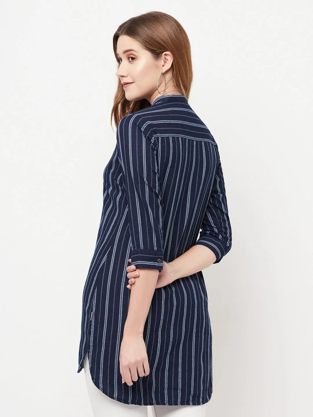 Navy Blue Striped Longline Shirt