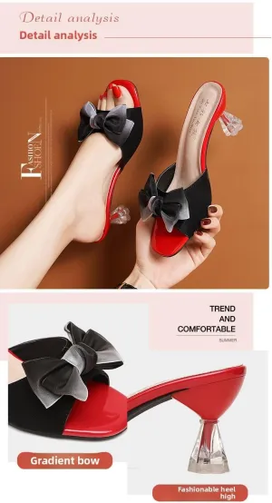 New crystal heel sweet one-word bow cool slippers women's summer wear versatile stiletto high-heeled slippers,Wear-resistant and lightweight, skin-friendly, breathable and comfortable