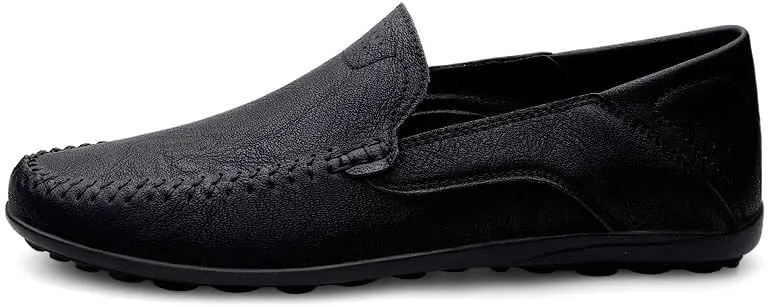 New Loafers for Men Solid Color Vegan Leather Manual Stitching Flat Heel Lightweight Comfortable Walking Slip On