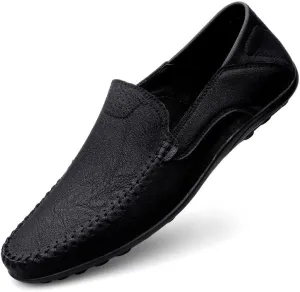 New Loafers for Men Solid Color Vegan Leather Manual Stitching Flat Heel Lightweight Comfortable Walking Slip On