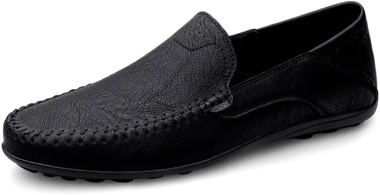 New Loafers for Men Solid Color Vegan Leather Manual Stitching Flat Heel Lightweight Comfortable Walking Slip On