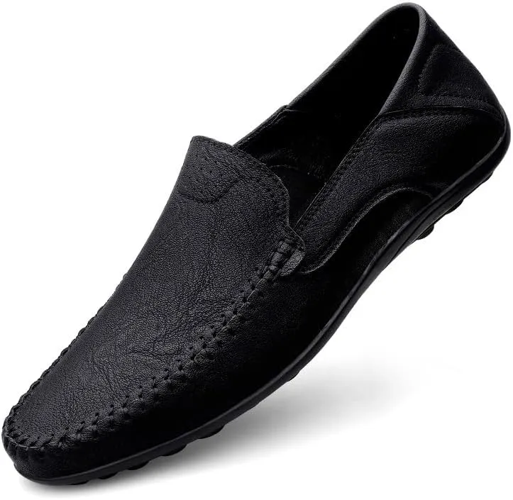 New Loafers for Men Solid Color Vegan Leather Manual Stitching Flat Heel Lightweight Comfortable Walking Slip On