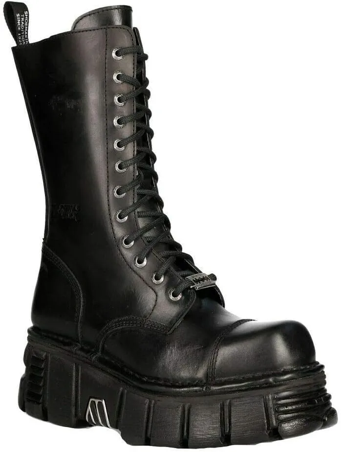 New Rock Boots M-MILI211C-C1 Women's Military Metallic Black Lace Up 100% Leather Techno Biker