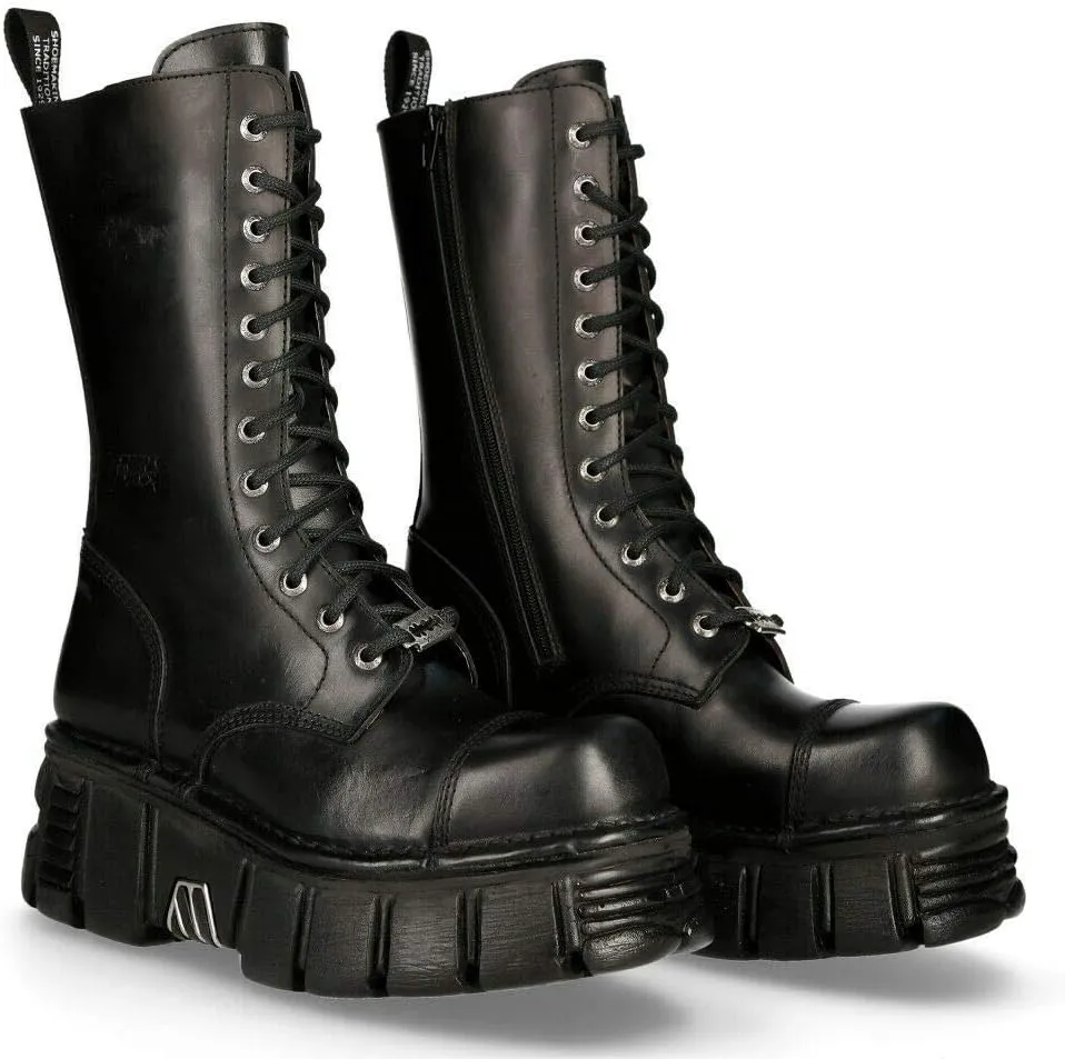 New Rock Boots M-MILI211C-C1 Women's Military Metallic Black Lace Up 100% Leather Techno Biker
