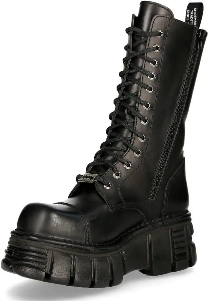 New Rock Boots M-MILI211C-C1 Women's Military Metallic Black Lace Up 100% Leather Techno Biker