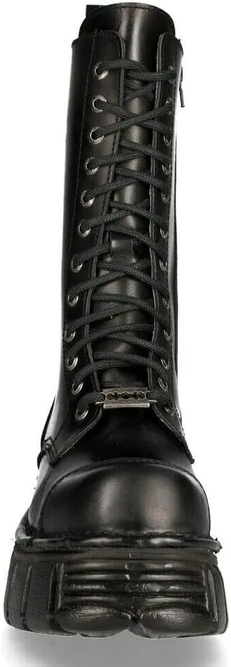 New Rock Boots M-MILI211C-C1 Women's Military Metallic Black Lace Up 100% Leather Techno Biker