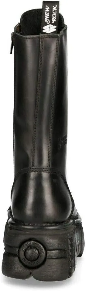 New Rock Boots M-MILI211C-C1 Women's Military Metallic Black Lace Up 100% Leather Techno Biker