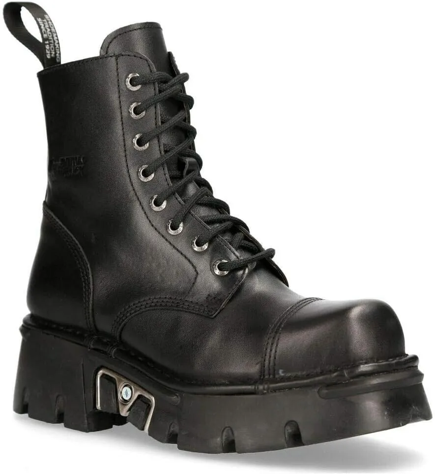 New Rock M-NEWMILI083-S19 Men's Metallic Combat Boots Black Leather Military Biker Goth Punk Shoes