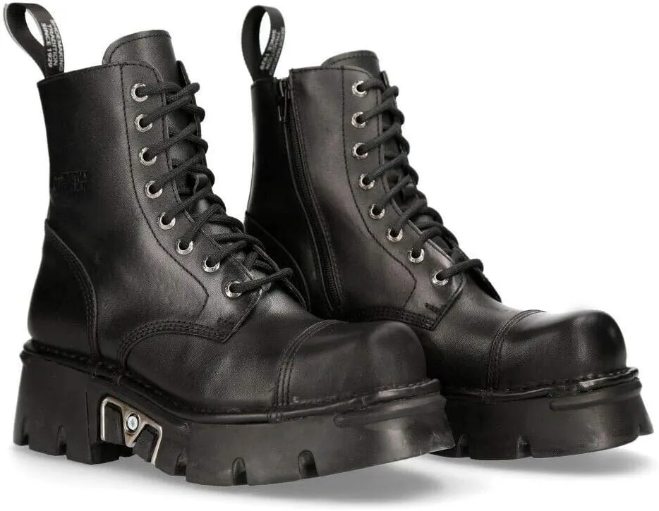 New Rock M-NEWMILI083-S19 Men's Metallic Combat Boots Black Leather Military Biker Goth Punk Shoes