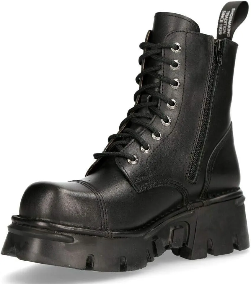 New Rock M-NEWMILI083-S19 Men's Metallic Combat Boots Black Leather Military Biker Goth Punk Shoes