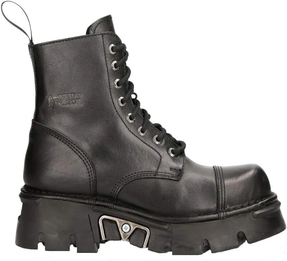 New Rock M-NEWMILI083-S19 Men's Metallic Combat Boots Black Leather Military Biker Goth Punk Shoes