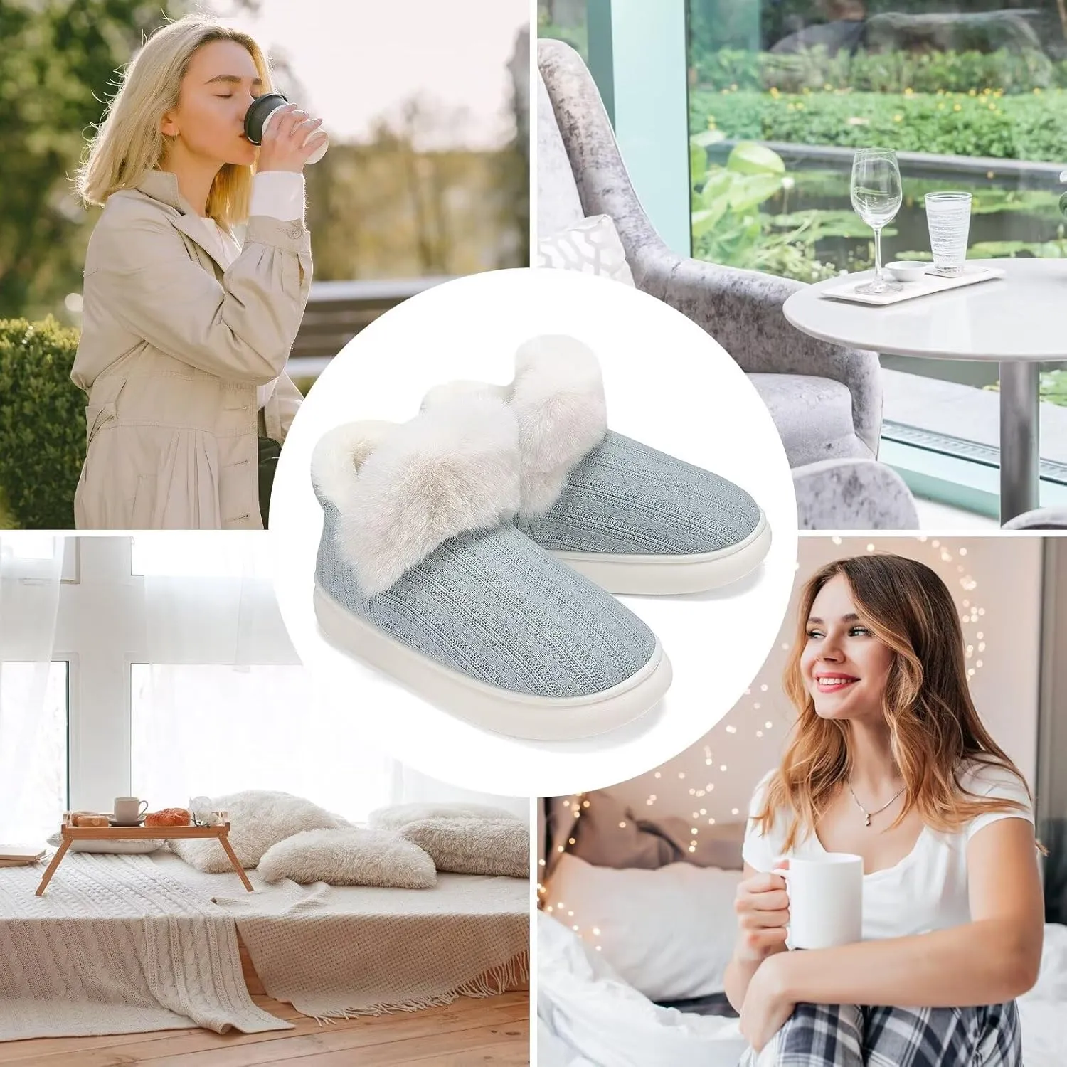 NineCiFun Women's Fuzzy Winter Bootie Slippers Knitted Ankle Boots Slippers Warm House Shoes Outdoor Indoor with Plush Fur Lining