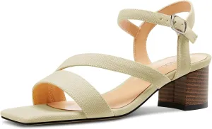 NobleOnly Womens Mid Block Heel Open Toe Ankle Strap Buckle Sandals Casual Office Dress Denim Summer Shoes 2.0 Inches Heels