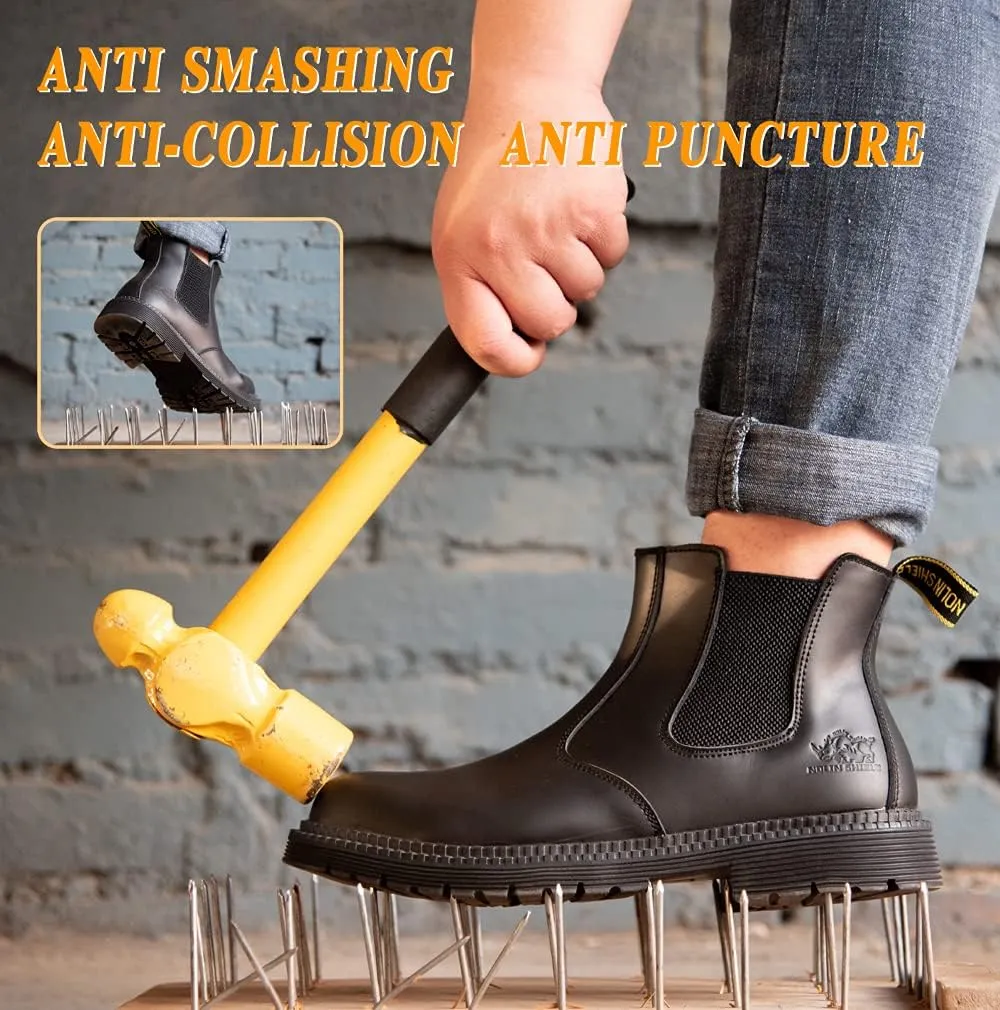 NOLINSHIELD Steel Toe Boots for men,Slip-on Lightweight Working Boots,Safety,Leather,Comfortable,Puncture-Proof,Mechanic Work Boots