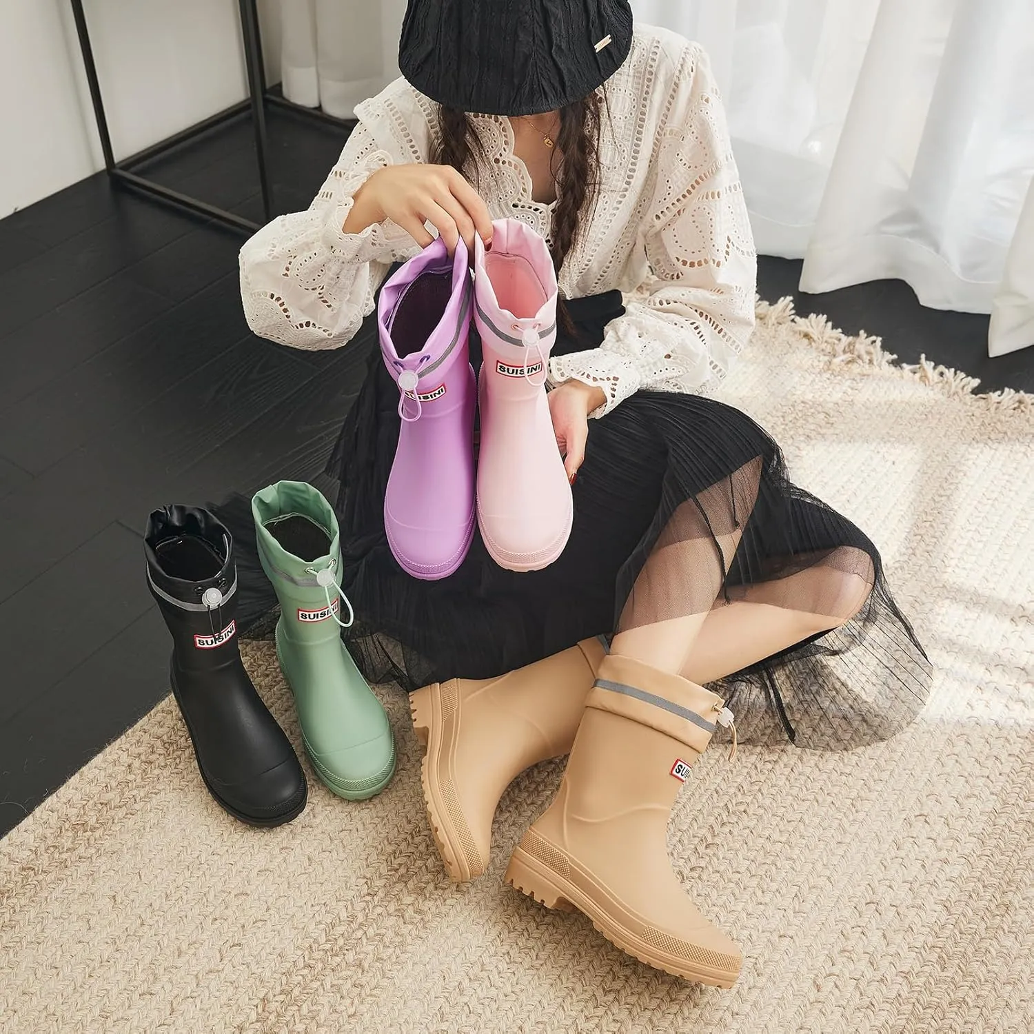Nutropa Mid Calf Rain Boots for Women,Waterproof Garden Shoes Anti-Slip Rainboots,Outdoor Work Rain Shoes