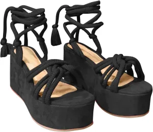 oiangi Chunky Sandals for Women Summer Casual Crossed Hemp Rope Straps Lace Up Open Toe Wedge Platform Sandals Solid Comfy Round Toe Outdoor Ladies Shoes