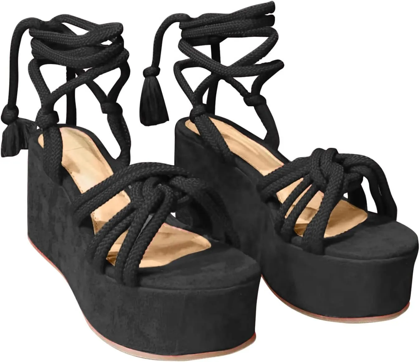 oiangi Chunky Sandals for Women Summer Casual Crossed Hemp Rope Straps Lace Up Open Toe Wedge Platform Sandals Solid Comfy Round Toe Outdoor Ladies Shoes