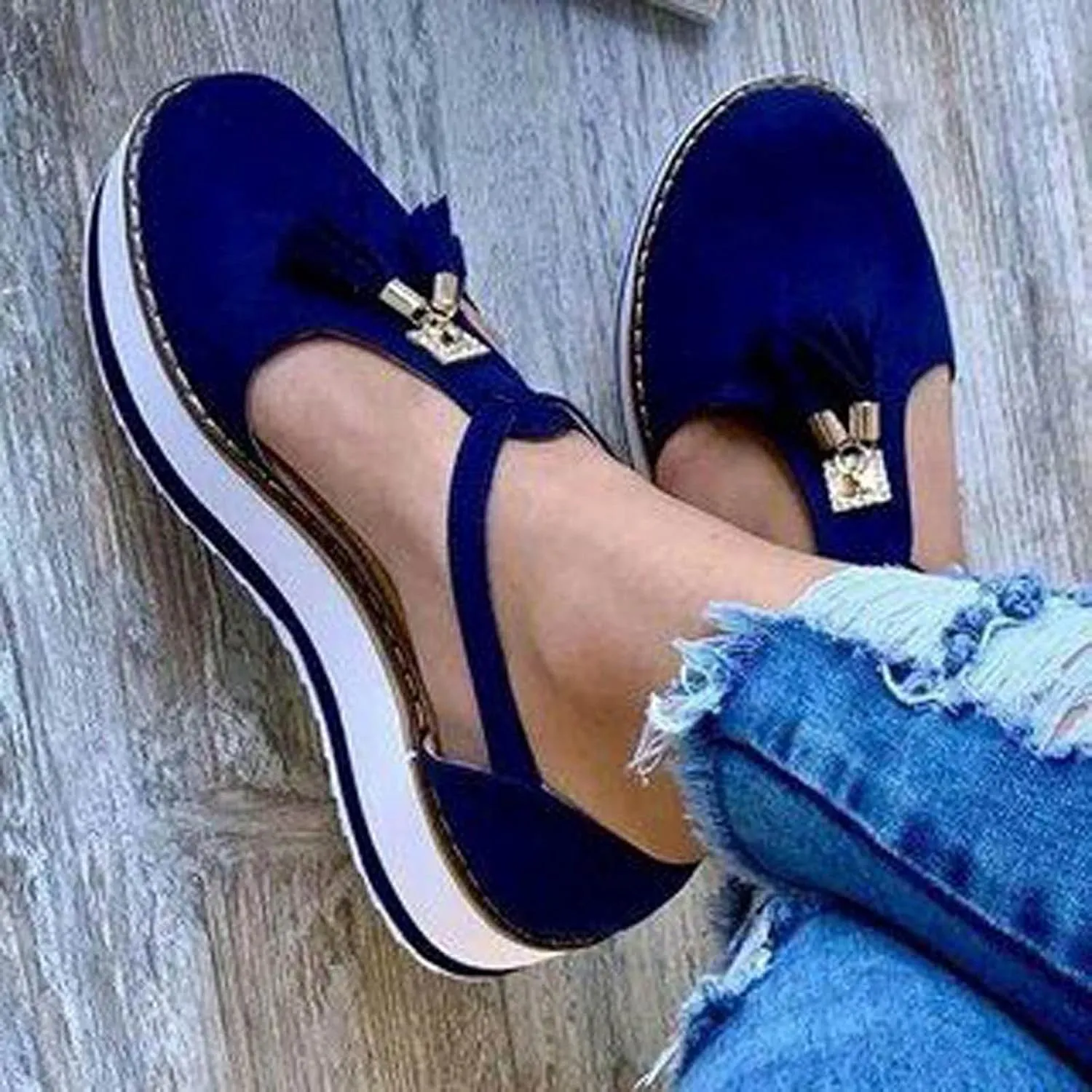 oiangi Womens Shoes Sandals Dressy Fashion Tassel Round Toe Hollow out Flat Pumps Comfortable Thick Bottom Buckle Strap Casual Beach Shoes