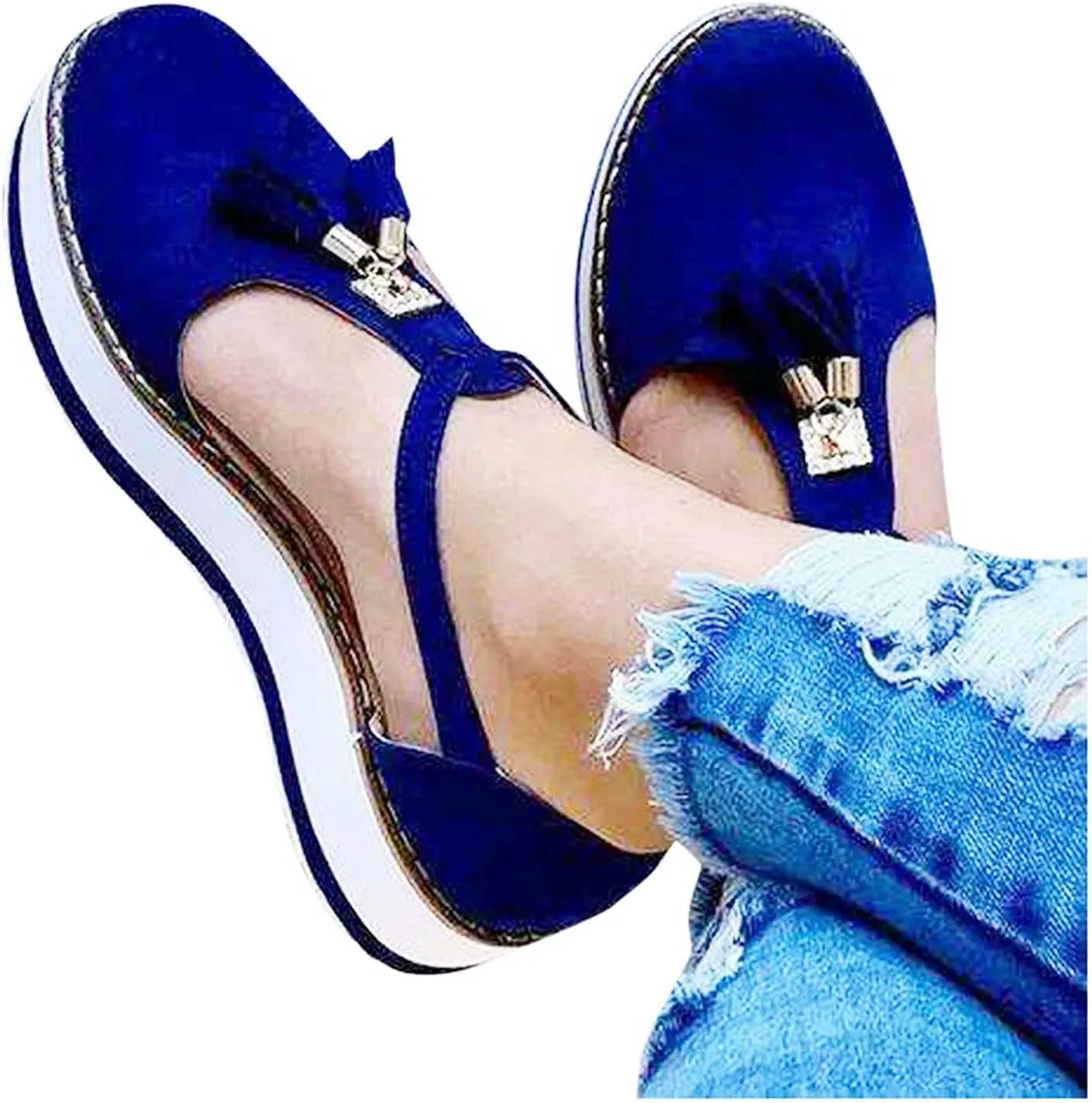 oiangi Womens Shoes Sandals Dressy Fashion Tassel Round Toe Hollow out Flat Pumps Comfortable Thick Bottom Buckle Strap Casual Beach Shoes