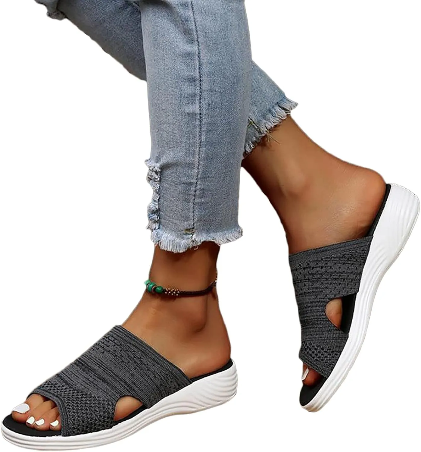 OMIREL Platform Sandals Women Casual Summer Hollow Out Vintage Comfy Sports Knit Sandals Slip on Slipper Open Toe Fish Mouth Beach Casual Sandals,Black,US6/EU37