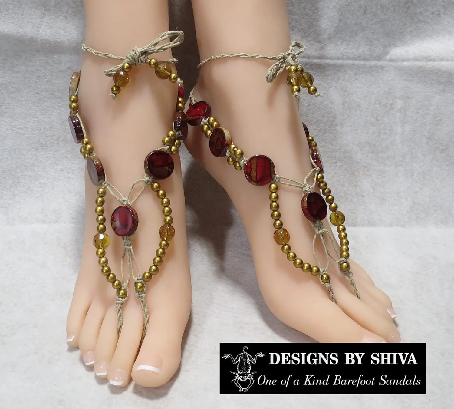 One of a Kind Red and Gold Beaded Hemp Barefoot Sandals