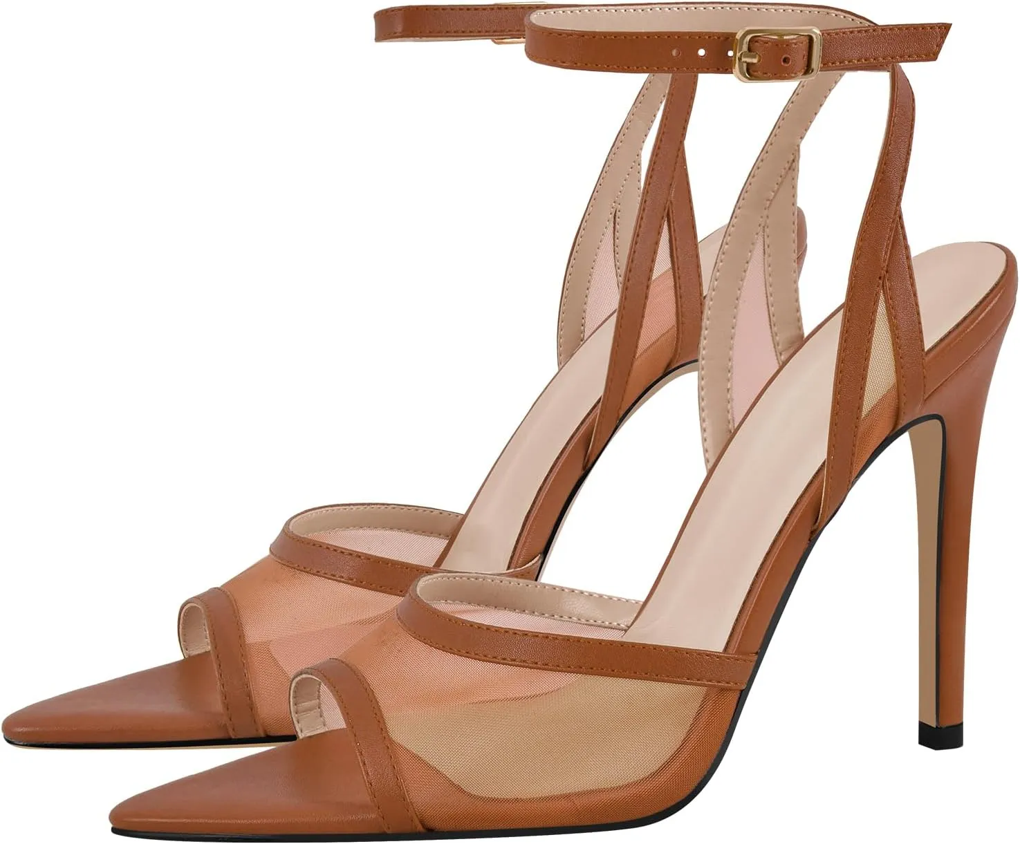 onlymaker Women's Sexy Peep Toe Fishnet Mesh Ankle Sandals Point Toe Cross Buckle Strappy Open-back Stiletto High Heel Sandals