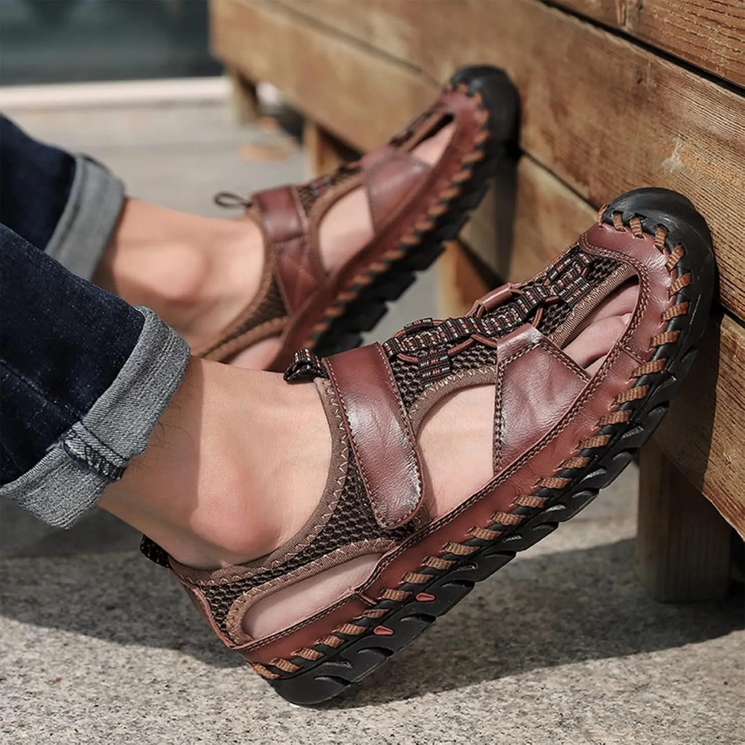 Optigard Men's Genuine Leather Hand Stitching Fisherman Sandals,Outdoor Casual Closed Toe Breathable Hiking Sandals Sport Walking Water Shoes