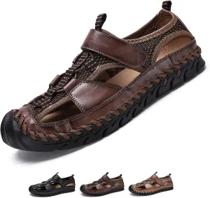 Optigard Men's Genuine Leather Hand Stitching Fisherman Sandals,Outdoor Casual Closed Toe Breathable Hiking Sandals Sport Walking Water Shoes