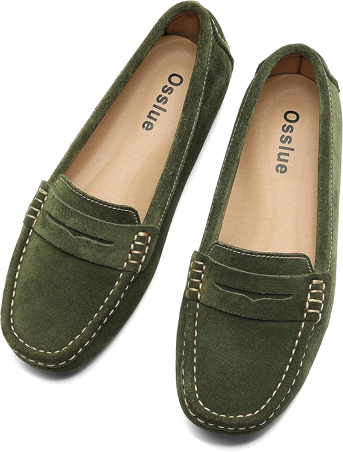 Osslue Women's Suede Leather Casual Penny Loafers Retro Ladies Moccasins Driving Mocs Comfort Slip-On Fashion Boat Shoes Classic Flats