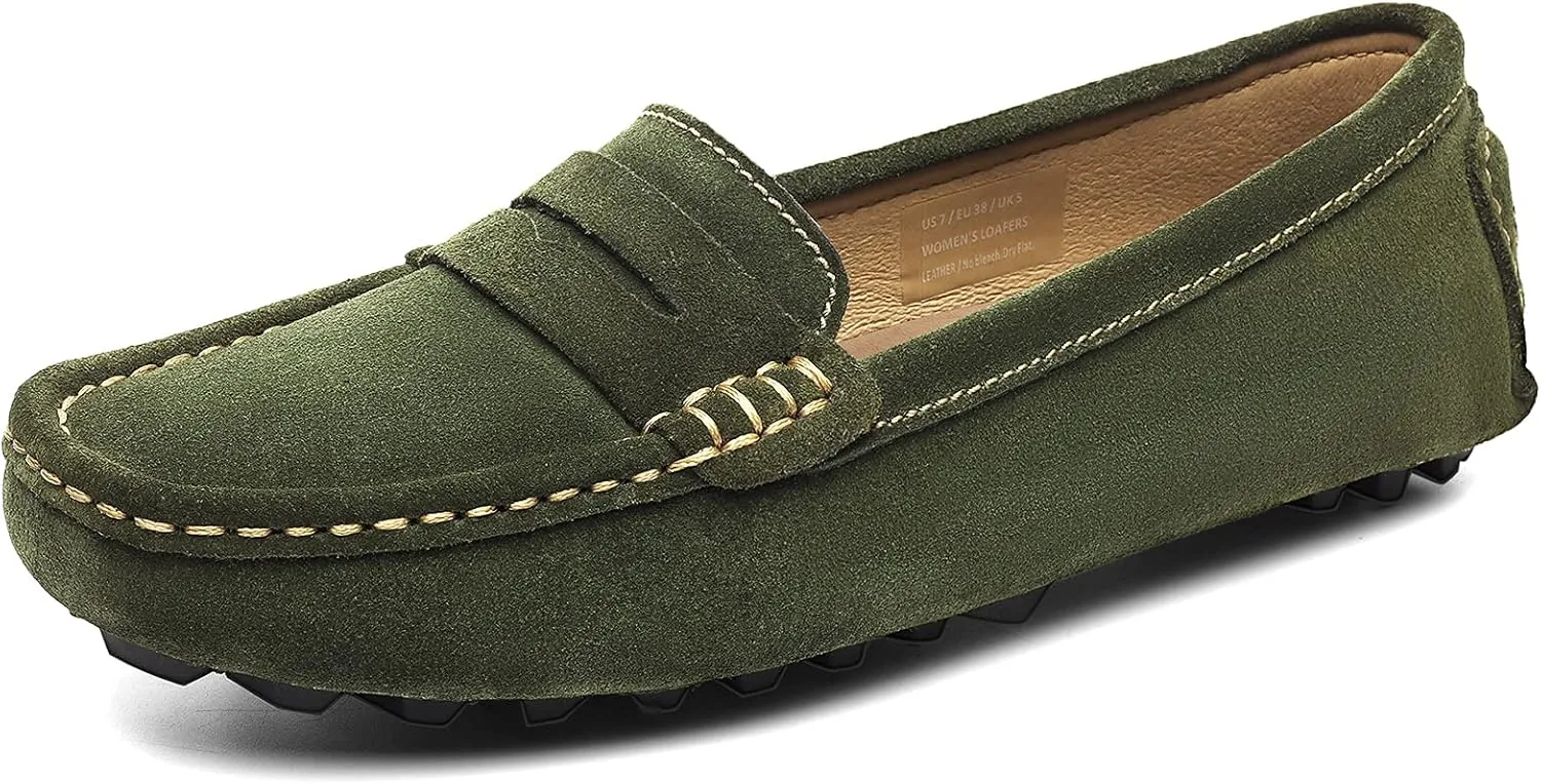 Osslue Women's Suede Leather Casual Penny Loafers Retro Ladies Moccasins Driving Mocs Comfort Slip-On Fashion Boat Shoes Classic Flats