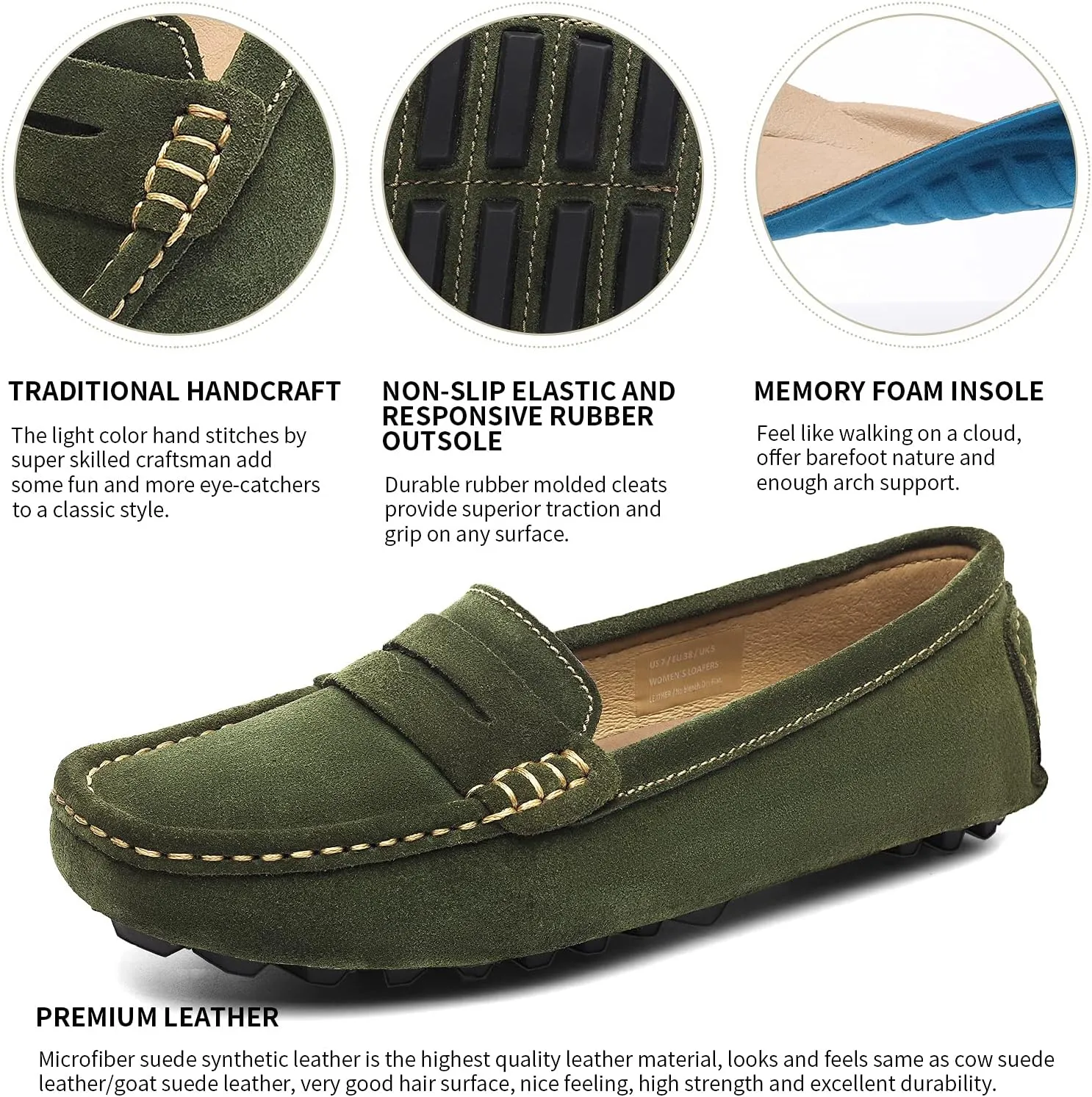Osslue Women's Suede Leather Casual Penny Loafers Retro Ladies Moccasins Driving Mocs Comfort Slip-On Fashion Boat Shoes Classic Flats