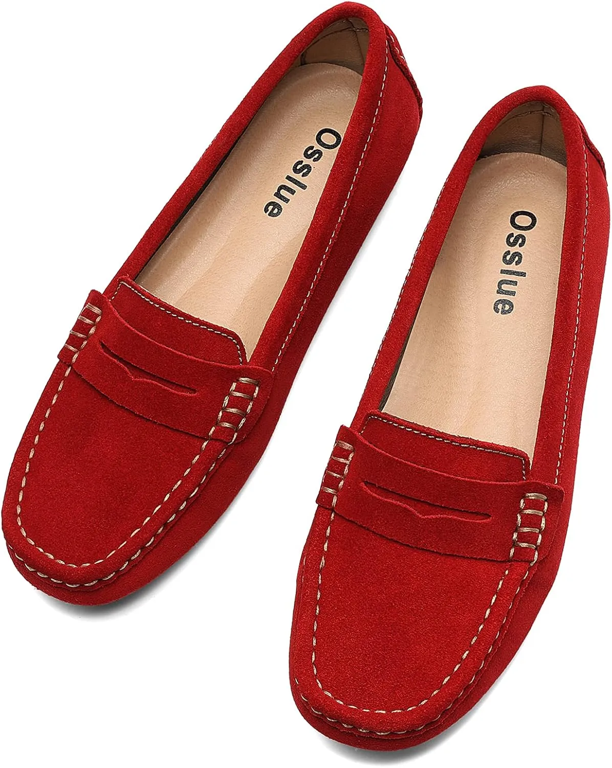 Osslue Women's Suede Leather Casual Penny Loafers Retro Ladies Moccasins Driving Mocs Comfort Slip-On Fashion Boat Shoes Classic Flats