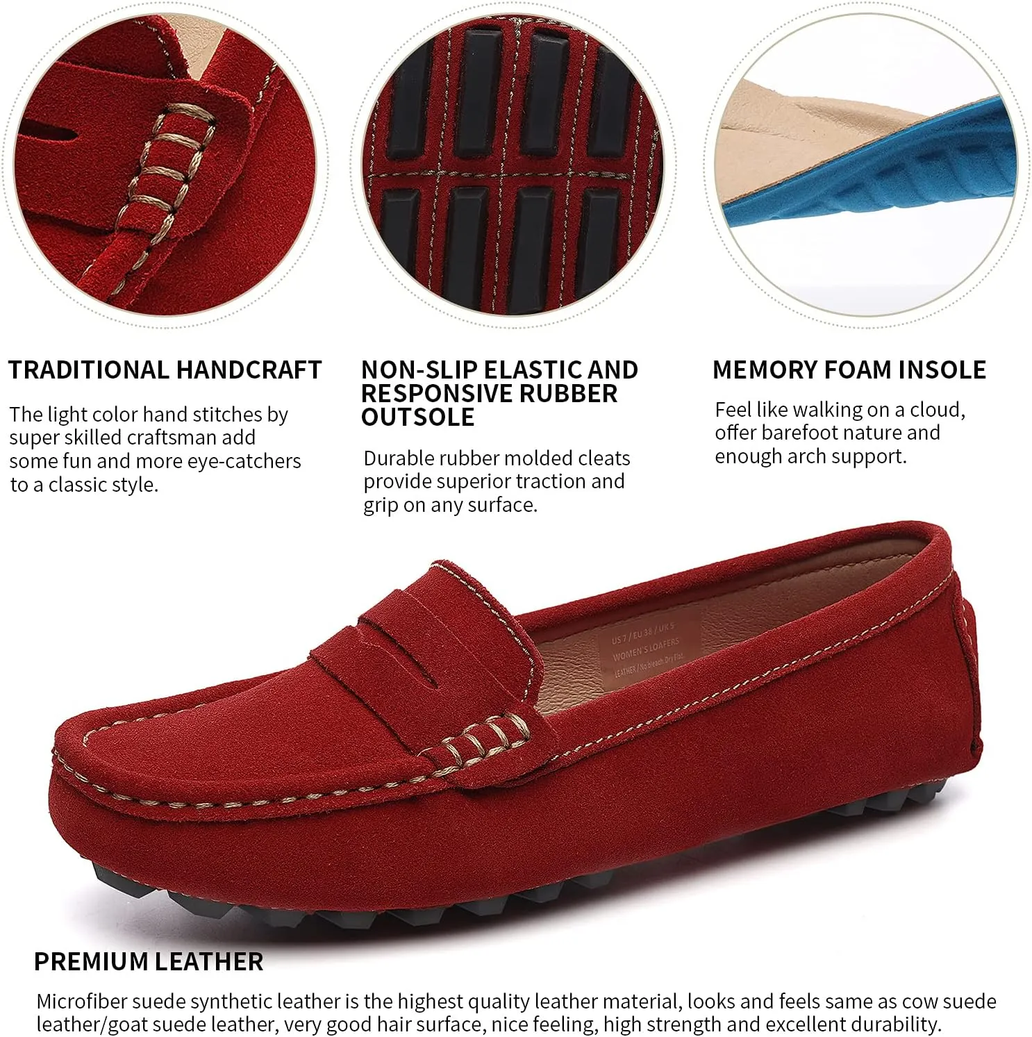 Osslue Women's Suede Leather Casual Penny Loafers Retro Ladies Moccasins Driving Mocs Comfort Slip-On Fashion Boat Shoes Classic Flats