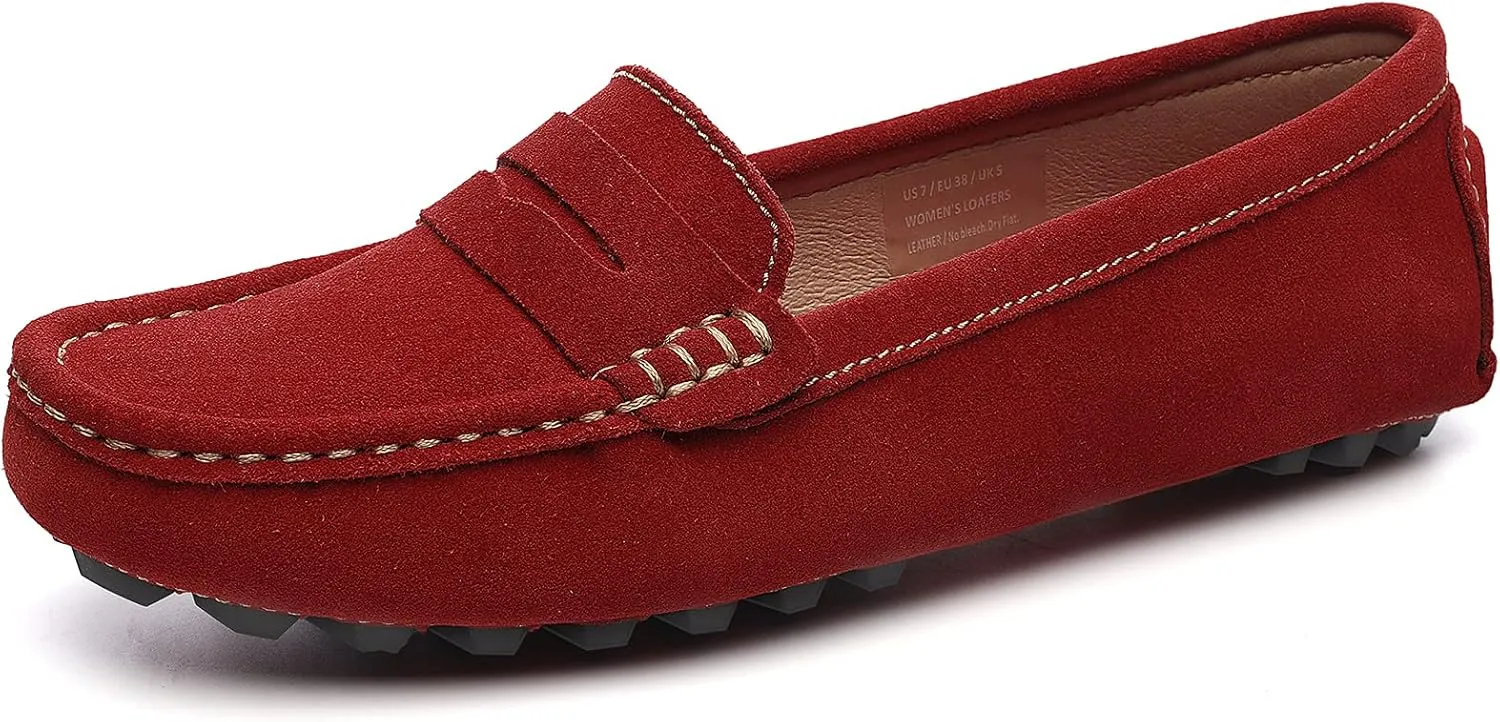 Osslue Women's Suede Leather Casual Penny Loafers Retro Ladies Moccasins Driving Mocs Comfort Slip-On Fashion Boat Shoes Classic Flats
