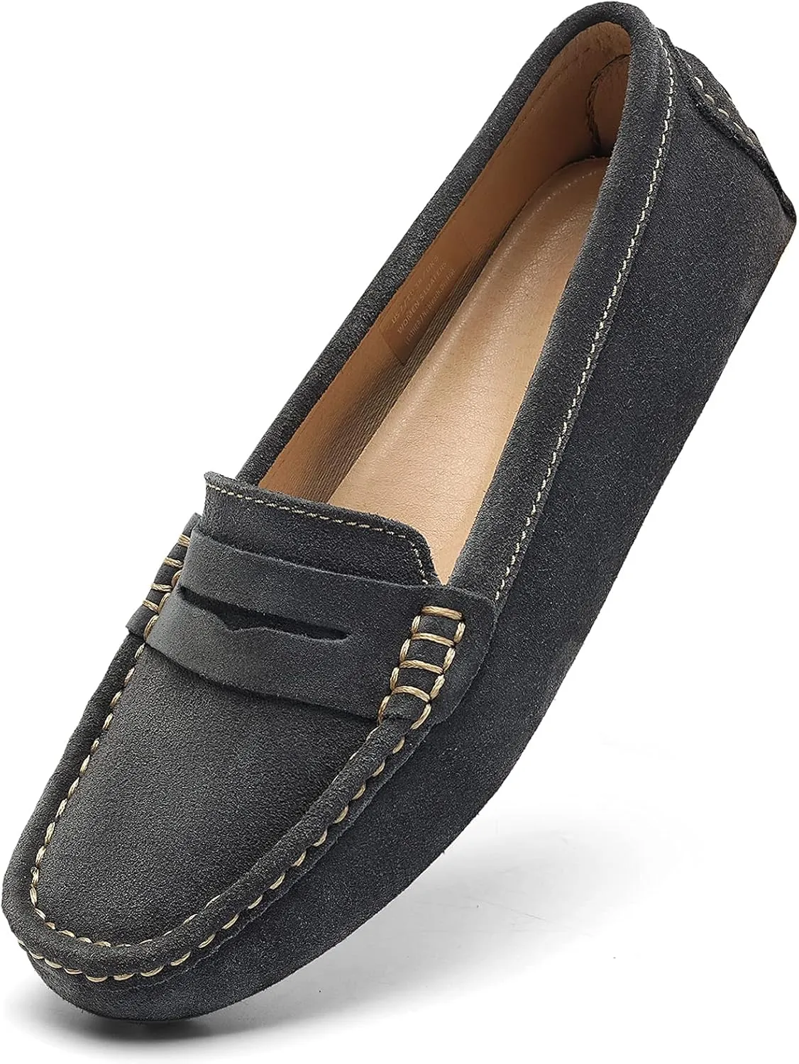 Osslue Women's Suede Leather Casual Penny Loafers Retro Ladies Moccasins Driving Mocs Comfort Slip-On Fashion Boat Shoes Classic Flats