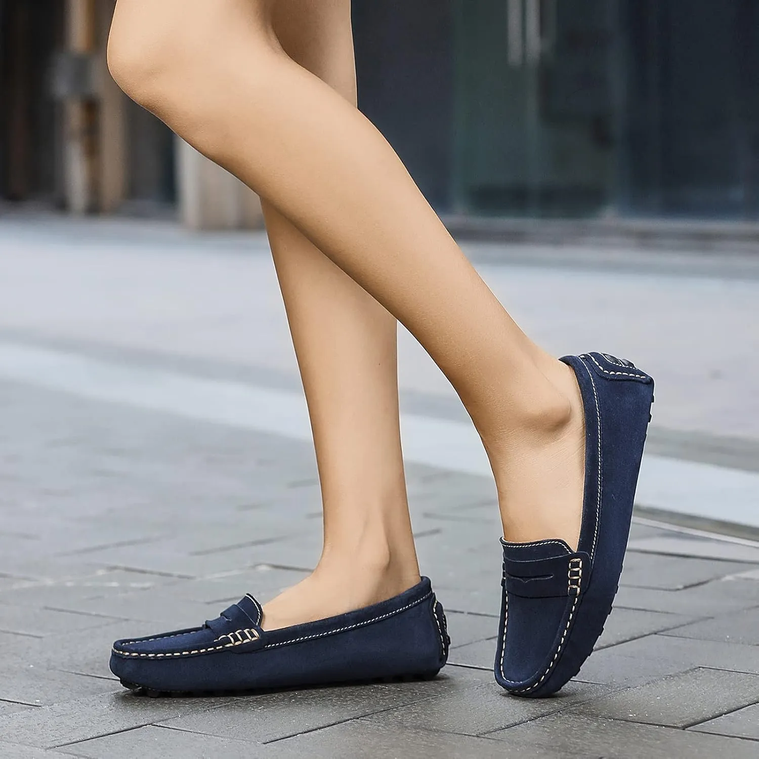 Osslue Women's Suede Leather Casual Penny Loafers Retro Ladies Moccasins Driving Mocs Comfort Slip-On Fashion Boat Shoes Classic Flats
