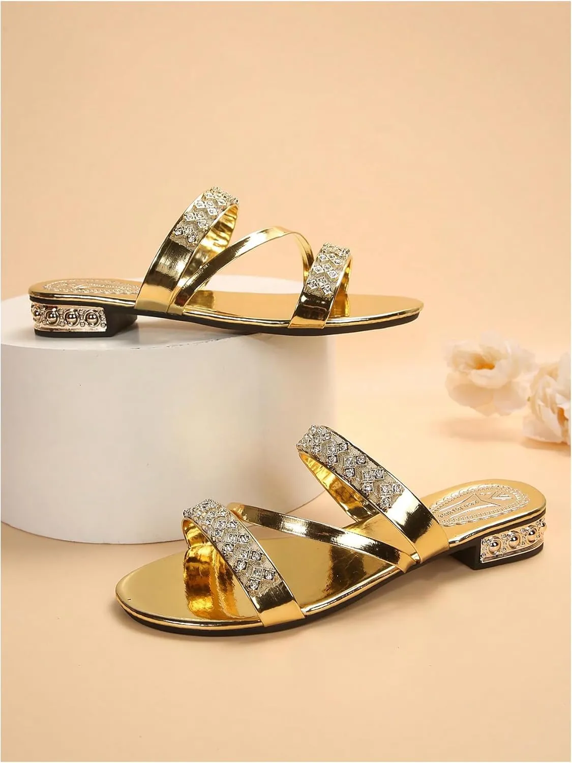 OYOANGLE Women's Metallic Rhinestone Strappy Sandals Open Toe Slip On Flat Sandals Casual Trendy Slippers