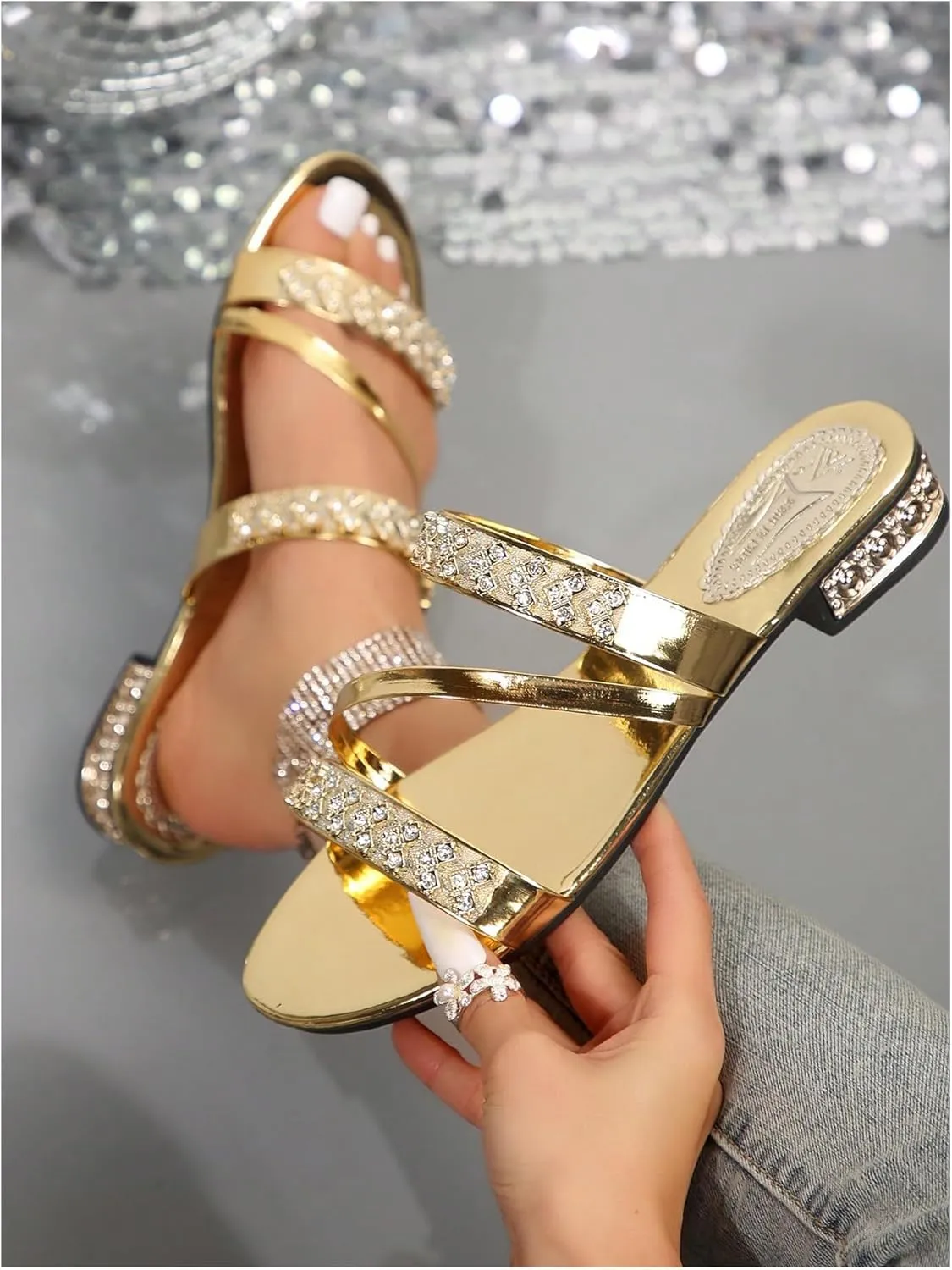 OYOANGLE Women's Metallic Rhinestone Strappy Sandals Open Toe Slip On Flat Sandals Casual Trendy Slippers